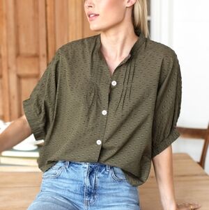 Emerson Fry India Collection Mandarin Collar Top - Moss Swiss Dot Organic